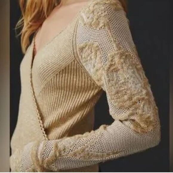 Anthropologie Sweater Lace Sleeves Faux Wrap Beige Boho Romantic small - Picture 9 of 10